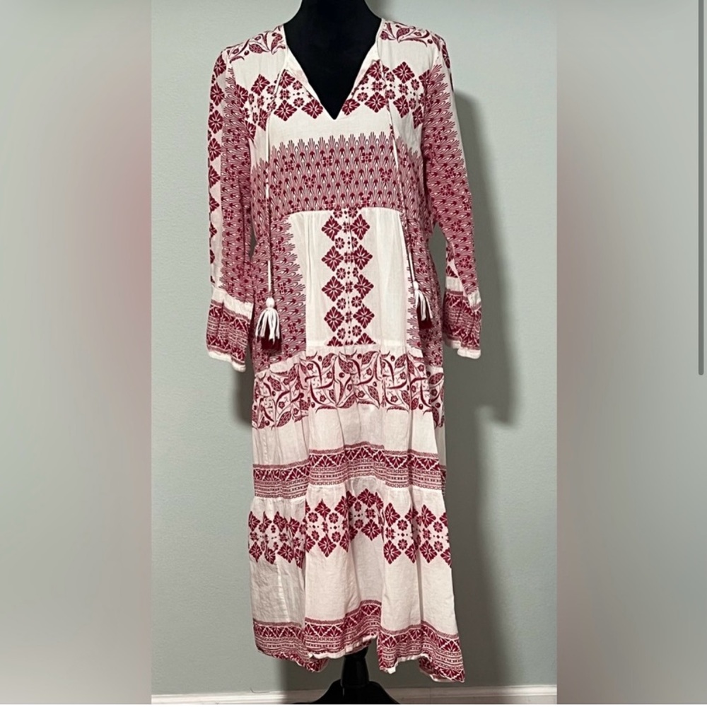 Hale Bob Red and White Geometric Long Sleeve Dress